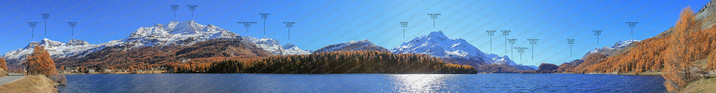 swiss panorama gallery Silsersee panorama  Bergpanorama Upper Engiadina Lakes Area Panorama, Schweizer Alpenpanorama, Pizzo Badile, Pizzo Trubinasca, Pizzo del Vanni, Piz Lizun, Piz Grevasalvas 2'932 m (5 km), Piz Lunghin  2'780 m (6 km), Piz Murtains, Piz Fedoz 3'190 m (7 km), Piz Salacine 2'599 m (6 km), Piz de la Margna 3'159 m 4 km), Crasta dal Laj Sgrischus, Piz Tremoggia 3431m, Il Capütschin 3386m, Piz Corvatsch 3'458 m (5 km), Piz Mortel 3'129 m (7 km), Munt Arlas 3'129 m (7 km), Piz San Gian 3'134 m (8 km), Piz Surlej 3’188 m (8 km)