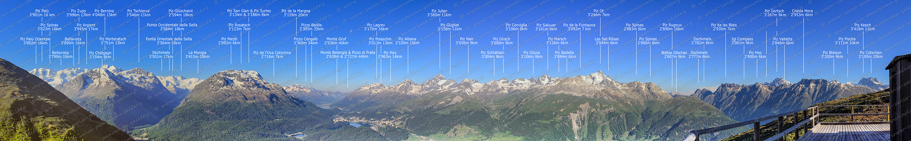 Swiss panorama Muottas Muragl, Sichtbare Gipfel, Piz Cotschen 3'195 m (10 km),Piz Kesch 3'418 m (11 km), Piz de la Margna 3'159 m (20 km), Piz Gügliet 3158m 11km. Piz Julier 3'380 m (11 km), Piz Pischa 3'171 m (10 km). Piz Blaisun 3'200 m (9 km), Crasta Mora 2'953 m (6 km), Piz Uertsch 3'267 m (9 km), Piz Üertsch 3287m, Piz Mez 2'900 m (6 km), Igl Compass 3'001 m (9 km), Bottas Glischas 2607m, Dschimels 2'777 m & 2'782 m (8 km), Piz Rugnux, Dschimels 2'777 m & 2'782 m (8 km), Piz da las Blais 2'930 m (3 km), Piz Spinas 2'883 m (6 km), Piz Ot 3'246 m (7 km), Piz Badells 2884m 5km, Las Set Rösas 3'044 m (6 km), Piz de la Funtaune 3'092 m (7 km), Piz Saluver 3'161 m (8 km), Piz Marsch 3'126 m (8 km), Piz Corviglia 3'106 m (8 km), Piz Glüna 3'106 m (8 km), Piz Grisch 3'098 m (9 km), Piz Schlattain 3'004 m (8 km), Piz Nair 3'056 m (9 km), Piz Albana 3'100 m (10 km), Monte Belangia & Pizzo di Prata 2639m 2727m 44km, Pizzo Badile 3305m 35km, Pizzo Cengalo 3369m 34km, Monte Gruf 2'936m 40km, Piz Polaschin 3013m, Piz Lagrev 3'170 m (16 km), Piz Mez, 2'963 m (14 km), Piz da l'Ova Cotschna 2'716 m (7 km), Piz San Gian & Piz Surley (8 km (3'134 m & 3'188 m), Piz Rosatsch 3'123 m (7 km), Piz Mezdi 2'992 m (6 km). Piz Glüschaint 2'594 m (18 km), Punta Occidentale della Sella 3'584 m (18 km), Punta Orientale della Sella 3'564 m (18 km), La Mongia 3'415 m (18 km), Piz Tschierva 3'546 m (11 km), Piz Bernina 4'048 m (15 km), Piz Morteratsch 3'751 m (13 km), Piz Argient 3'945 m (17 km), Piz Zupo 3'996 m (17 km), Piz Muragl 3'157 m (3 km), Bellavista 3'922 m, Piz Palü 3'901 m (16 km), Piz Spinas 3'823 m (16 km), Bellavista 3'799 m,      