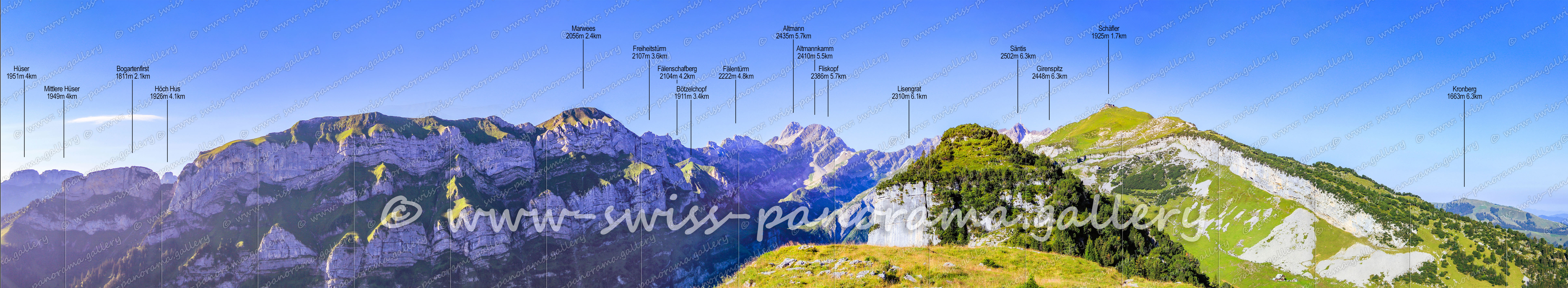 Schweizer Alpenpanorama Appenzeller Alps, Alpstein, Marwees 2056m 2.4km, Ebenalp panorama, Bogartenfirst 1811m 2.1km, Hüser 1951m 4km, Mittlere Hüser, 1949m 4km, Höch Hus 1926m 4.1km, Freiheitstürm 2107m 3.6km, Altmann 2435m 5.7km, Altmannkamm 2410m 5.5km, Säntis 2502m 6.3km, Kronberg 1663m 6.3km, Schäfler 1925m 1.7km, Girenspitz 2448m 6.3km, Lisengrat 2310m 6.1km, Fliskopf 2386m 5.7km, Fälentürm 2222m 4.8km, Fälenschafberg 2104m 4.2km, Bötzelchopf 1911m 3.4km, Swiss Alps