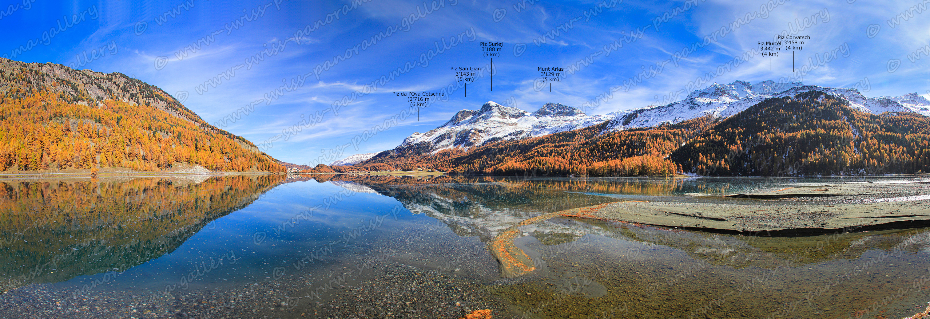 swiss panorama gallery Engadiner Seeen Silvaplanersee panorama Lake Silvaplana Upper Engiadina Lakes Area Silvaplanersee panorama, Gipfelverzeichnis, Piz Corvatsch 3'458 m (4 km), Piz Mortel 3'442 m (4 km), Piz da l'Ova Cotschna (2'716 m (6 km), Munt Arlas 3'129 m, Munt Arlas 3'129 m, Munt Arlas 3'129 m