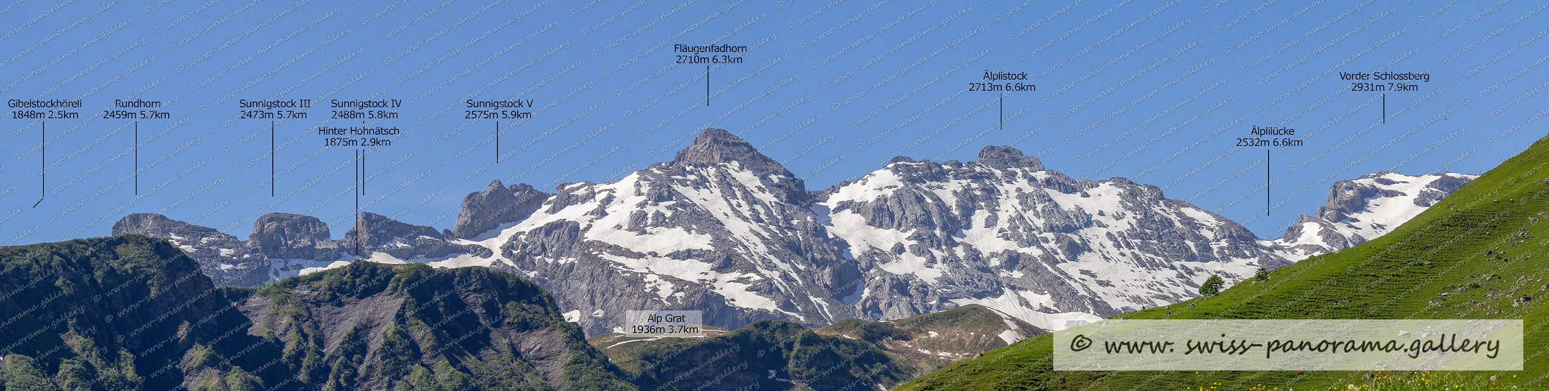 Bergpanorama von Gitschenberg zu Fläugenfadhorn, Älplistock und Vorder Schlossberg